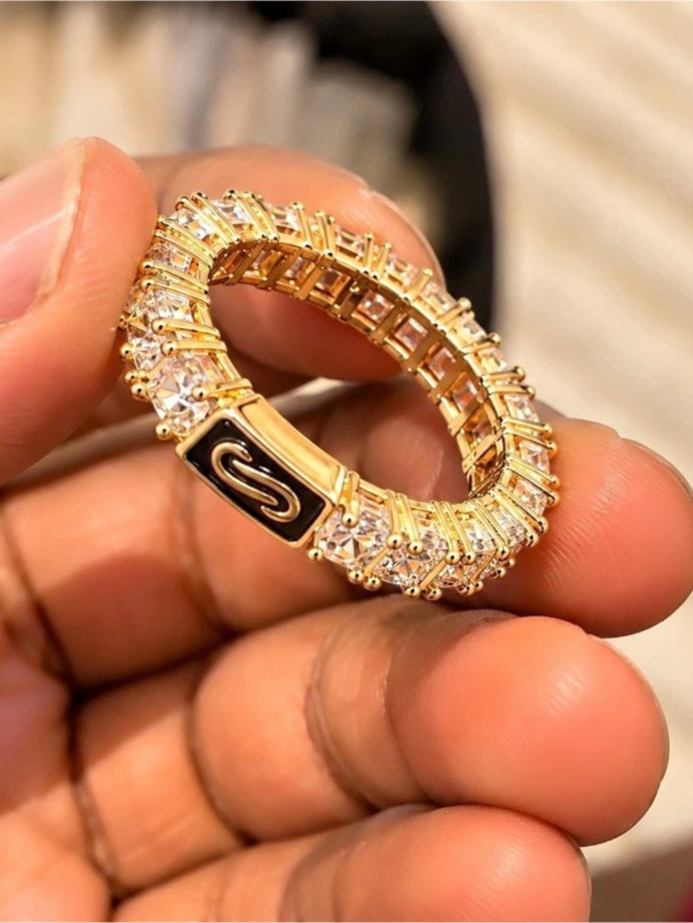 14K Gold Filled Clear Stone Eternity Ring Black Enamel Accent Men’s Size 9